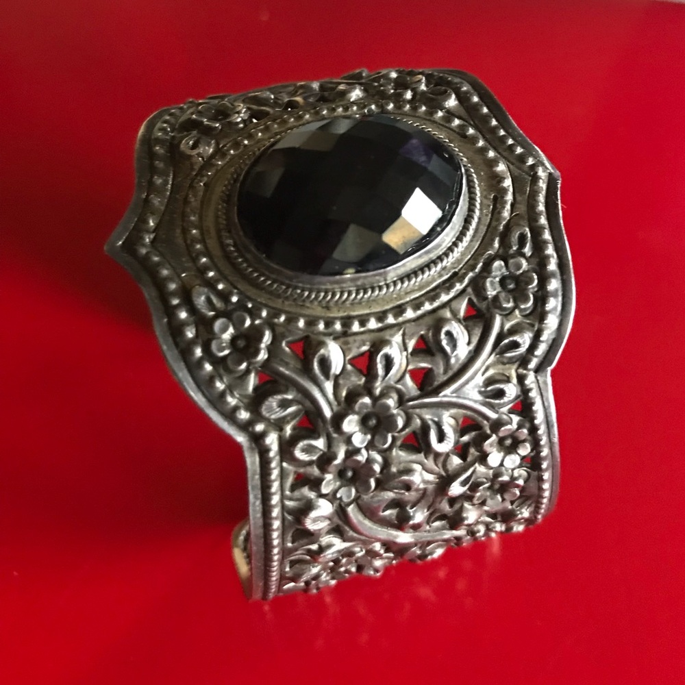 Vintage Sterling Silver 925 Onyx Floral Bracelet